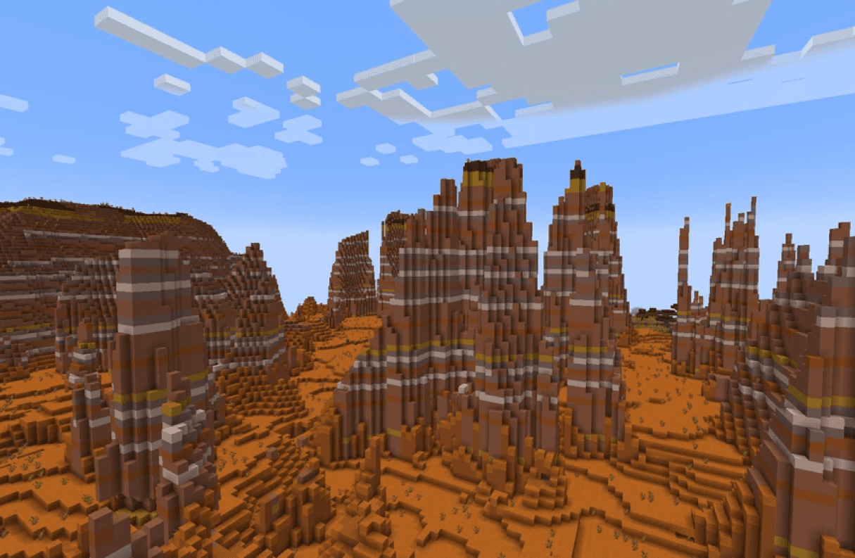 Un bioma badlands erose in Minecraft